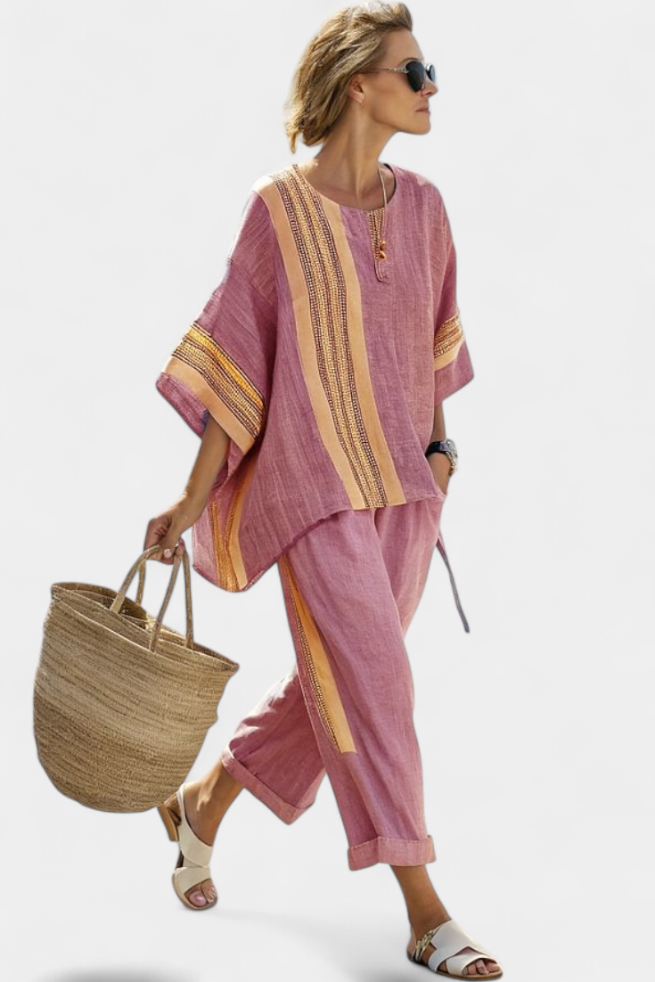 Embroidered Stripe Trim Oversized Linen Two Piece Set