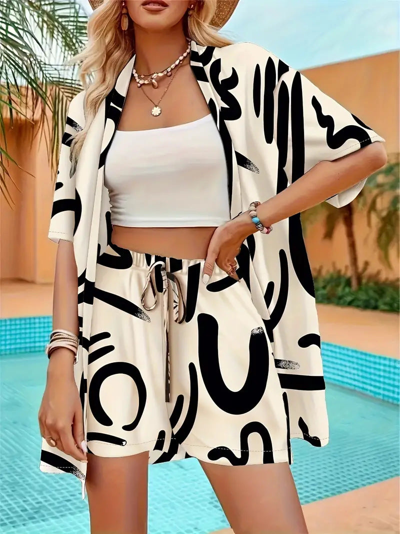 Floral Botanical Print Open Front Kimono and Short Set