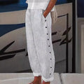 Striped Button Side Linen Wide Leg Casual Pants
