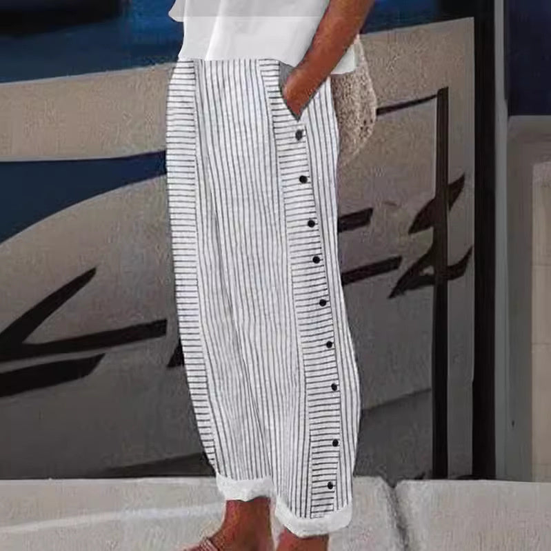 Striped Button Side Linen Wide Leg Casual Pants