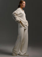 Collared Open Neck Knit Top and Wide Leg Pant Lounge Set