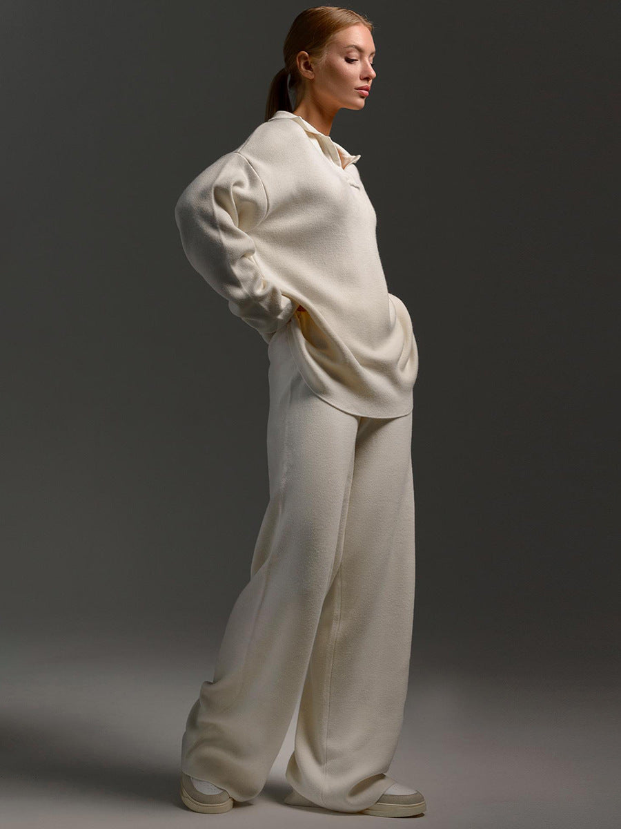 Collared Open Neck Knit Top and Wide Leg Pant Lounge Set