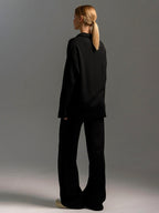 Collared Open Neck Knit Top and Wide Leg Pant Lounge Set