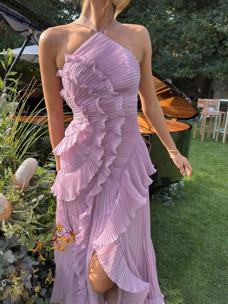 Pleated Ruffle Halter Homecoming Dress
