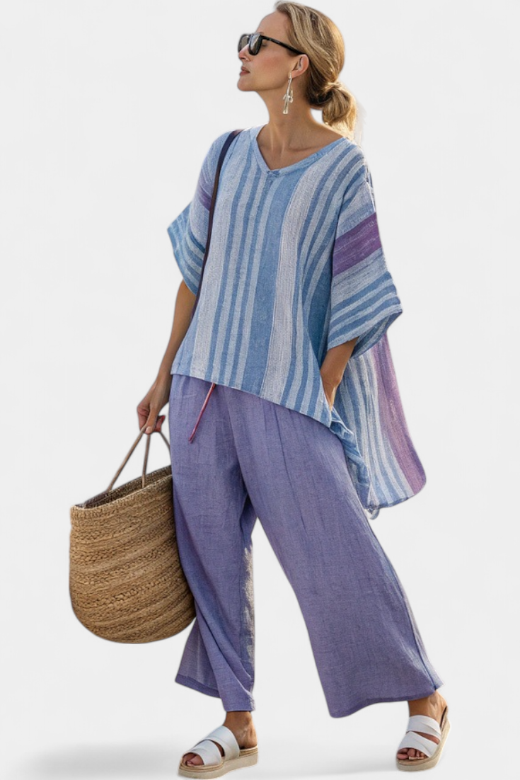 Striped V Neck Asymmetric Batwing Linen Top and Wide Leg Pant Set