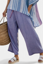 Striped V Neck Asymmetric Batwing Linen Top and Wide Leg Pant Set