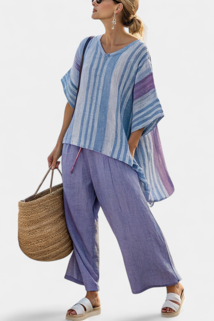 Striped V Neck Asymmetric Batwing Linen Top and Wide Leg Pant Set
