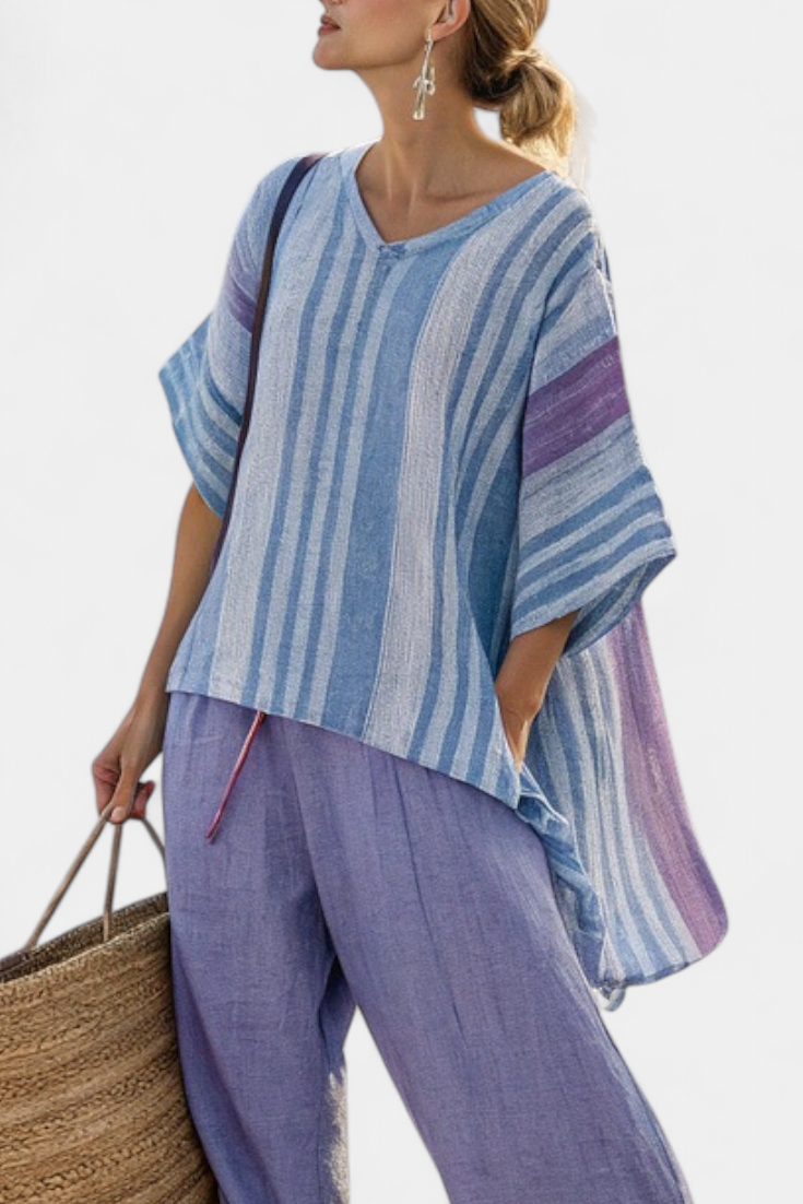 Striped V Neck Asymmetric Batwing Linen Top and Wide Leg Pant Set