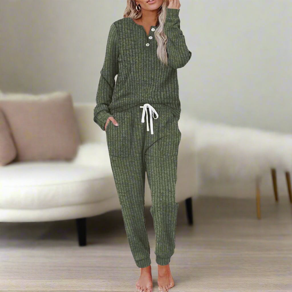 Ribbed Henley Long Sleeve Top and Jogger Loungewear Set