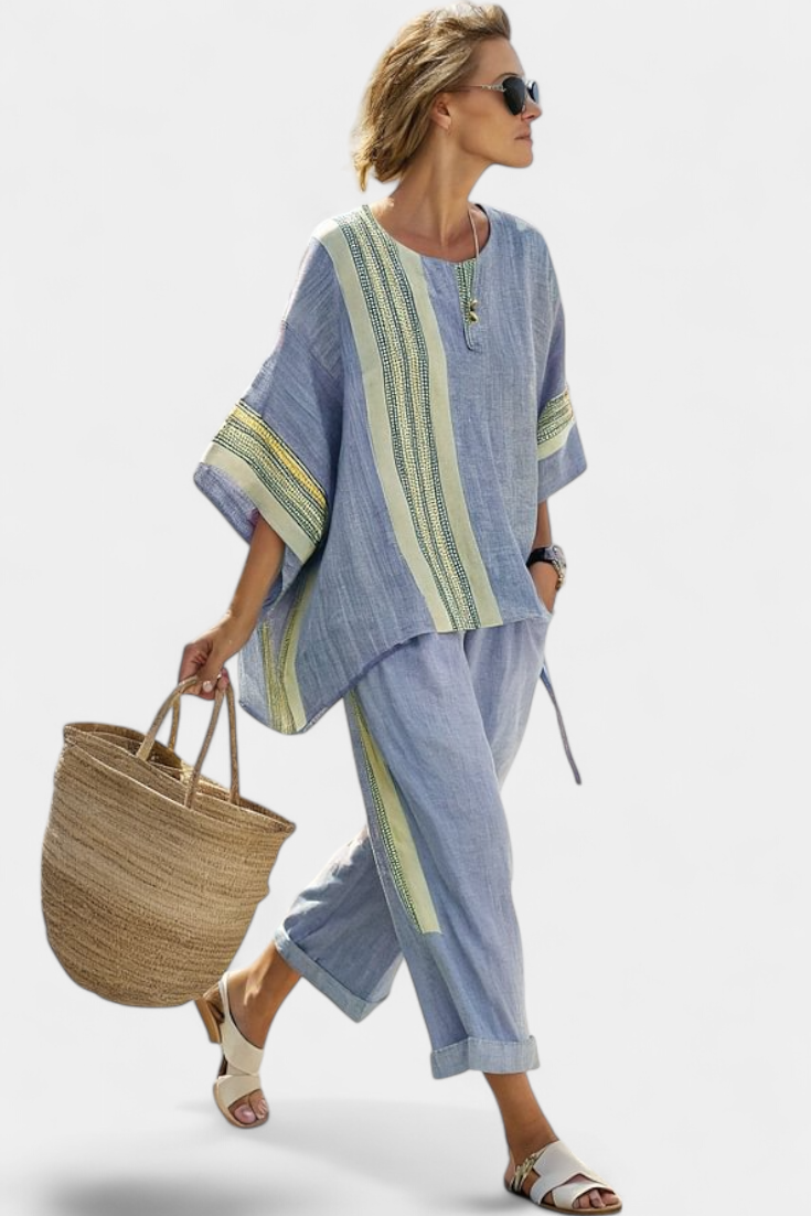 Embroidered Stripe Trim Oversized Linen Two Piece Set