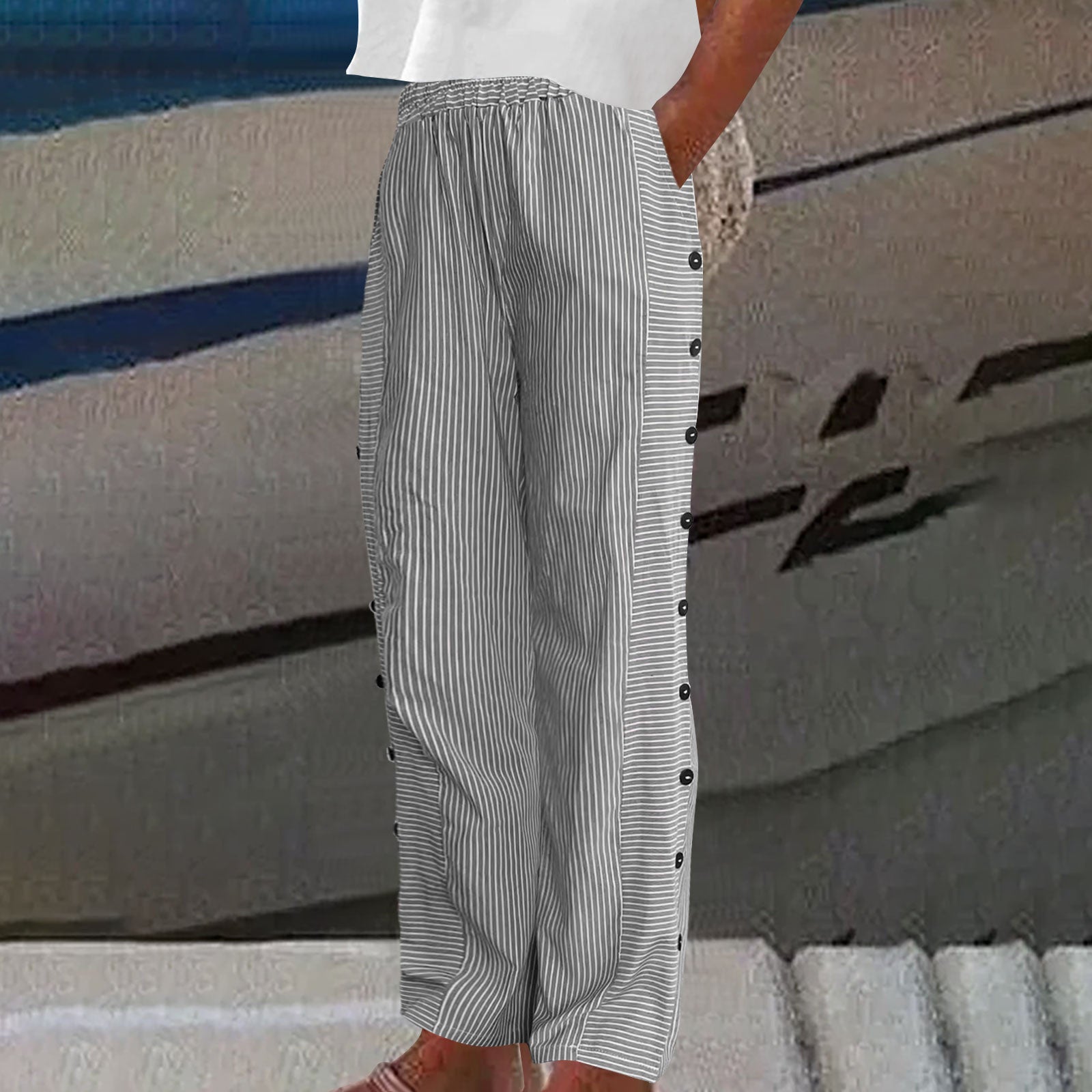 Striped Button Side Linen Wide Leg Casual Pants