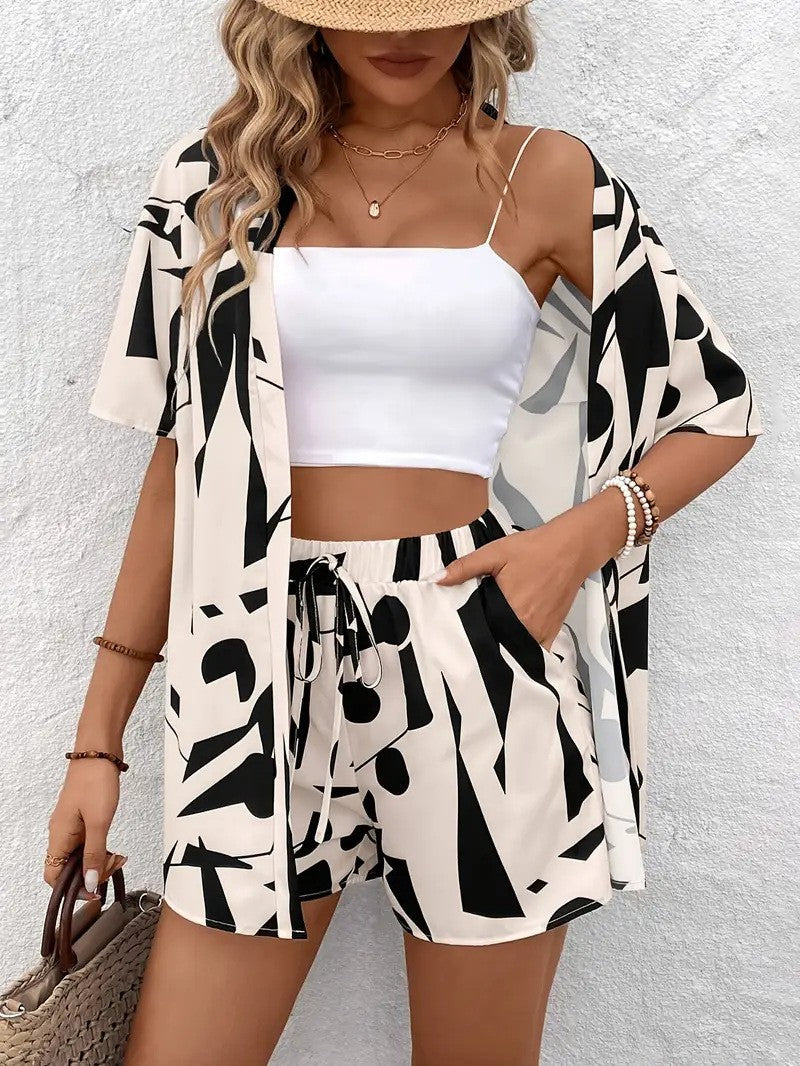 Floral Botanical Print Open Front Kimono and Short Set
