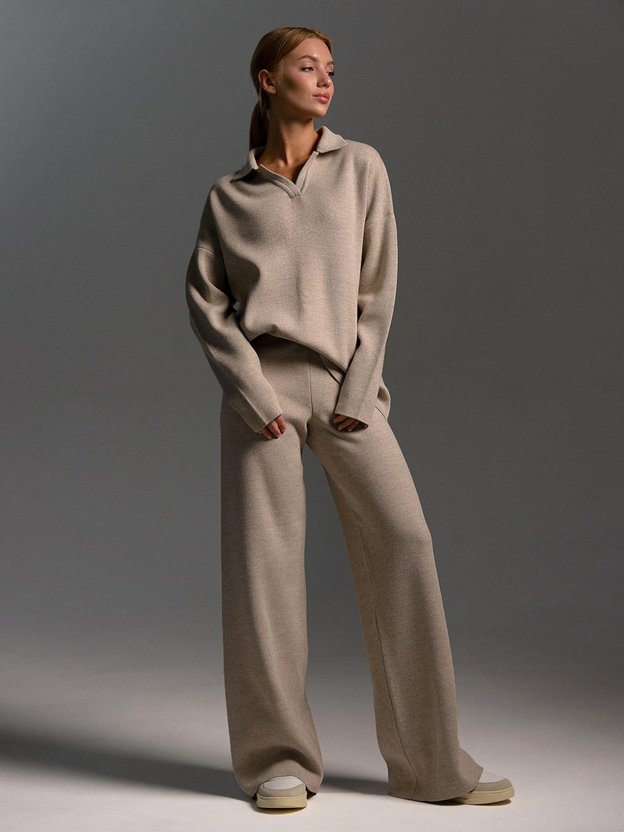 Collared Open Neck Knit Top and Wide Leg Pant Lounge Set