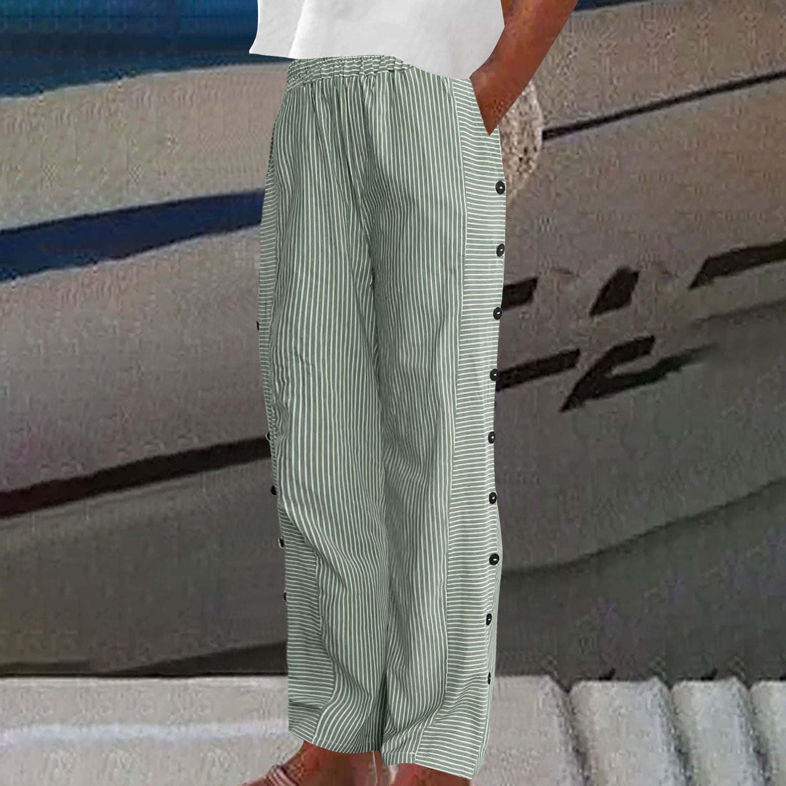 Striped Button Side Linen Wide Leg Casual Pants