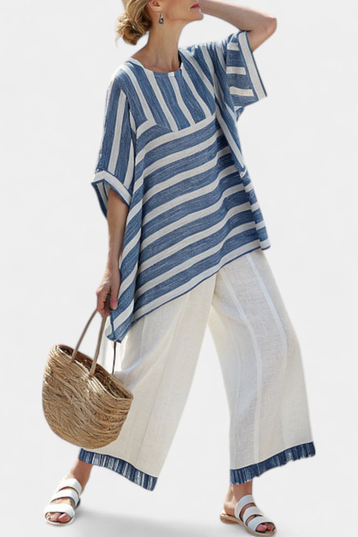 Striped Batwing Asymmetric Hem Linen Top and Wide Leg Pant Set