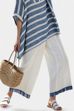 Striped Batwing Asymmetric Hem Linen Top and Wide Leg Pant Set
