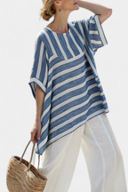 Striped Batwing Asymmetric Hem Linen Top and Wide Leg Pant Set