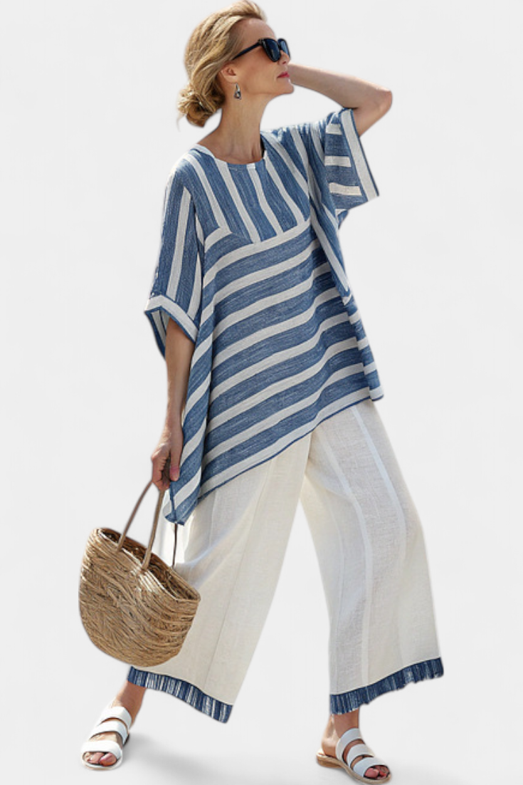 Striped Batwing Asymmetric Hem Linen Top and Wide Leg Pant Set