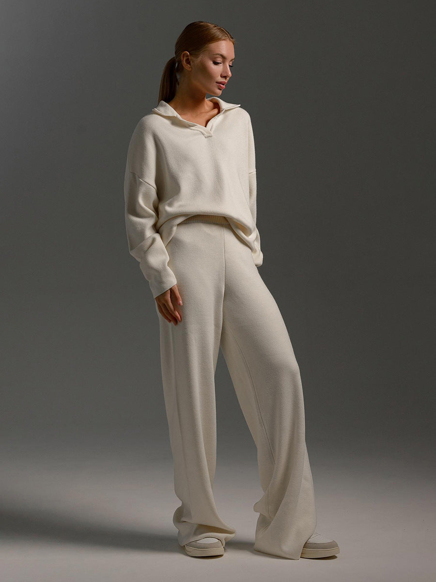 Collared Open Neck Knit Top and Wide Leg Pant Lounge Set