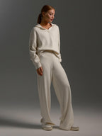 Collared Open Neck Knit Top and Wide Leg Pant Lounge Set