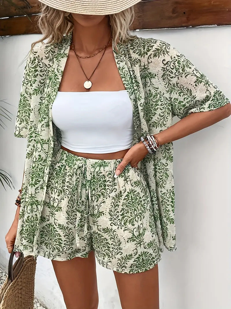 Floral Botanical Print Open Front Kimono and Short Set