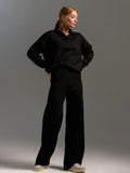 Collared Open Neck Knit Top and Wide Leg Pant Lounge Set