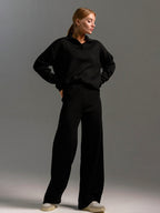 Collared Open Neck Knit Top and Wide Leg Pant Lounge Set
