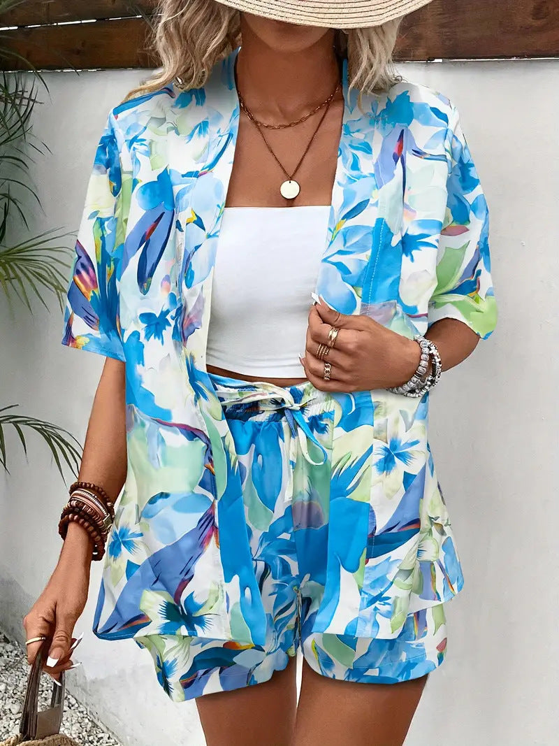 Floral Botanical Print Open Front Kimono and Short Set