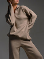 Collared Open Neck Knit Top and Wide Leg Pant Lounge Set