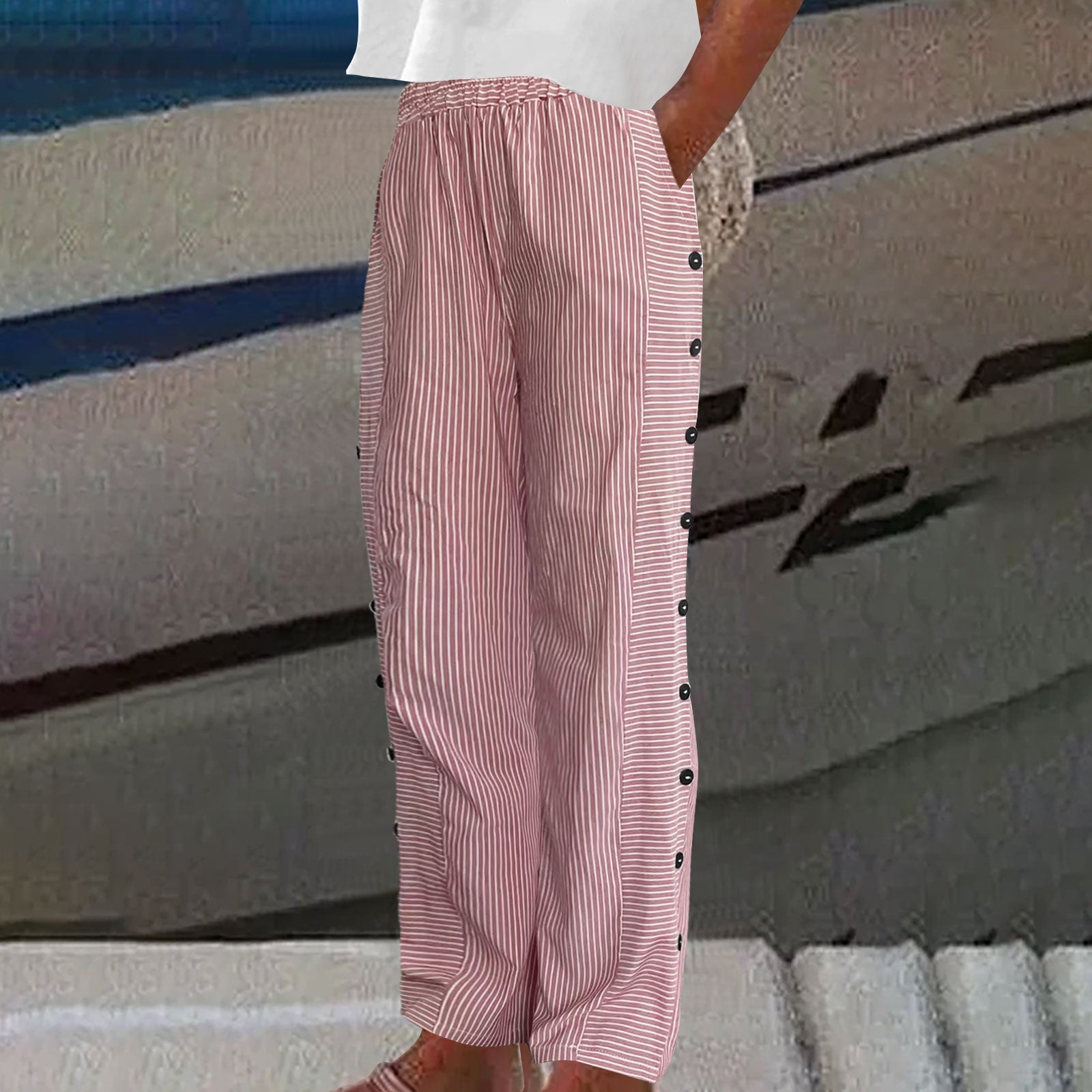 Striped Button Side Linen Wide Leg Casual Pants