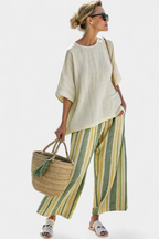 Striped Wide Leg Linen Trouser Oversized Top Two Piece Set