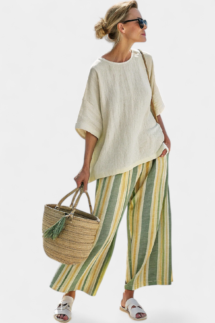 Striped Wide Leg Linen Trouser Oversized Top Two Piece Set
