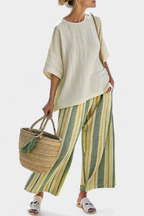 Striped Wide Leg Linen Trouser Oversized Top Two Piece Set