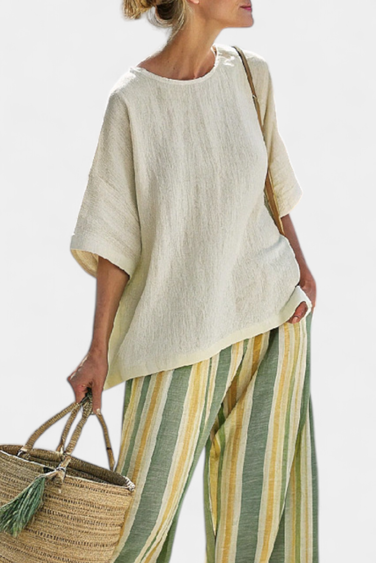 Striped Wide Leg Linen Trouser Oversized Top Two Piece Set