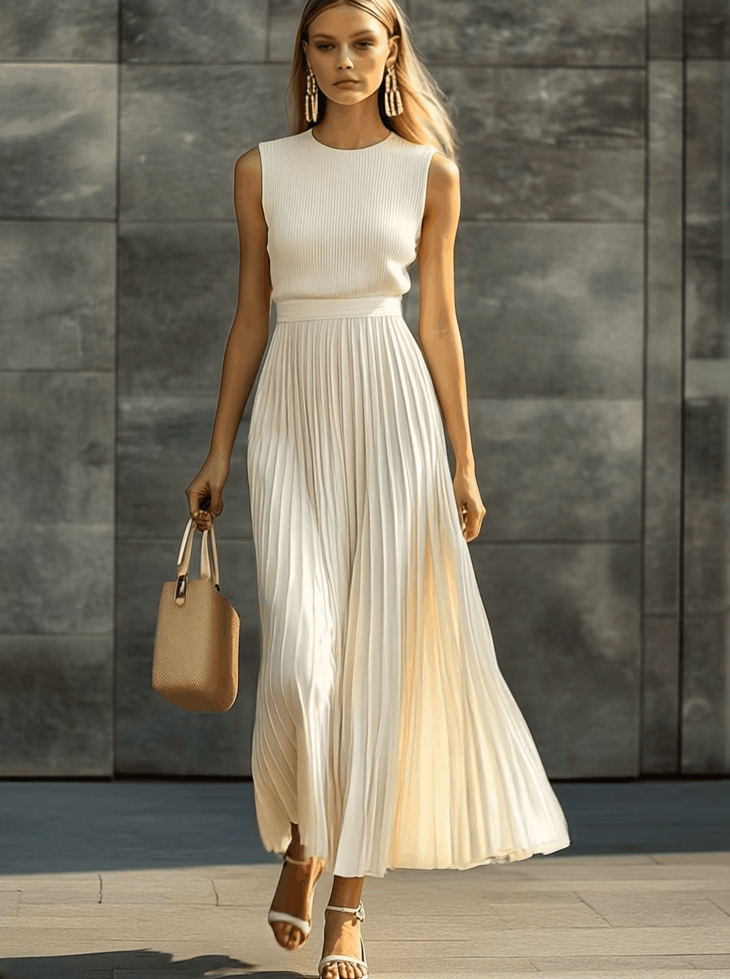 Crew Neck Ribbed Knit Bodice Pleated Skirt Sleeveless Maxi Dress - Wedding Guest