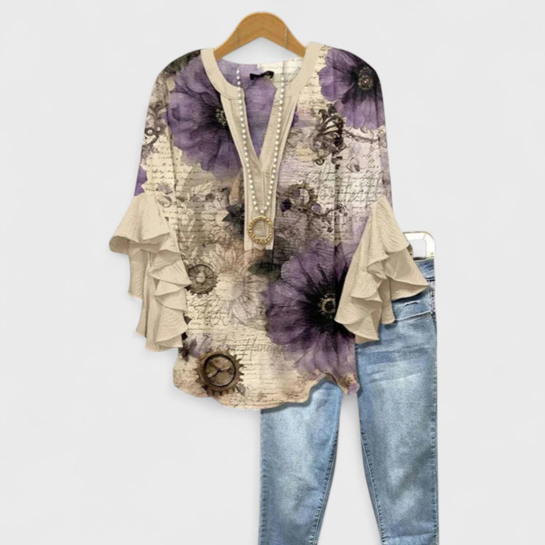 Floral Print Tiered Ruffle Sleeve Notch Neck Casual Blouse