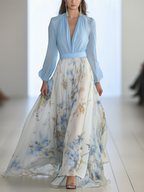 Floral Colorblock Deep V Neck Lantern Sleeve Flowy Maxi Dress - Wedding Guest