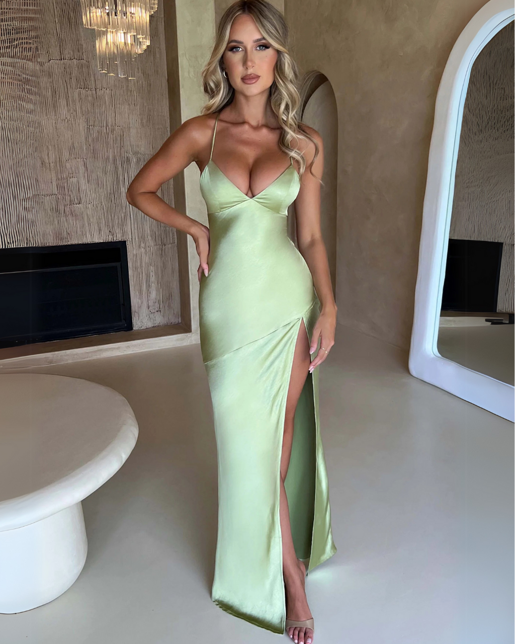 Satin Cowl Neck Strappy Split Maxi Dress - Formal Evening Gown