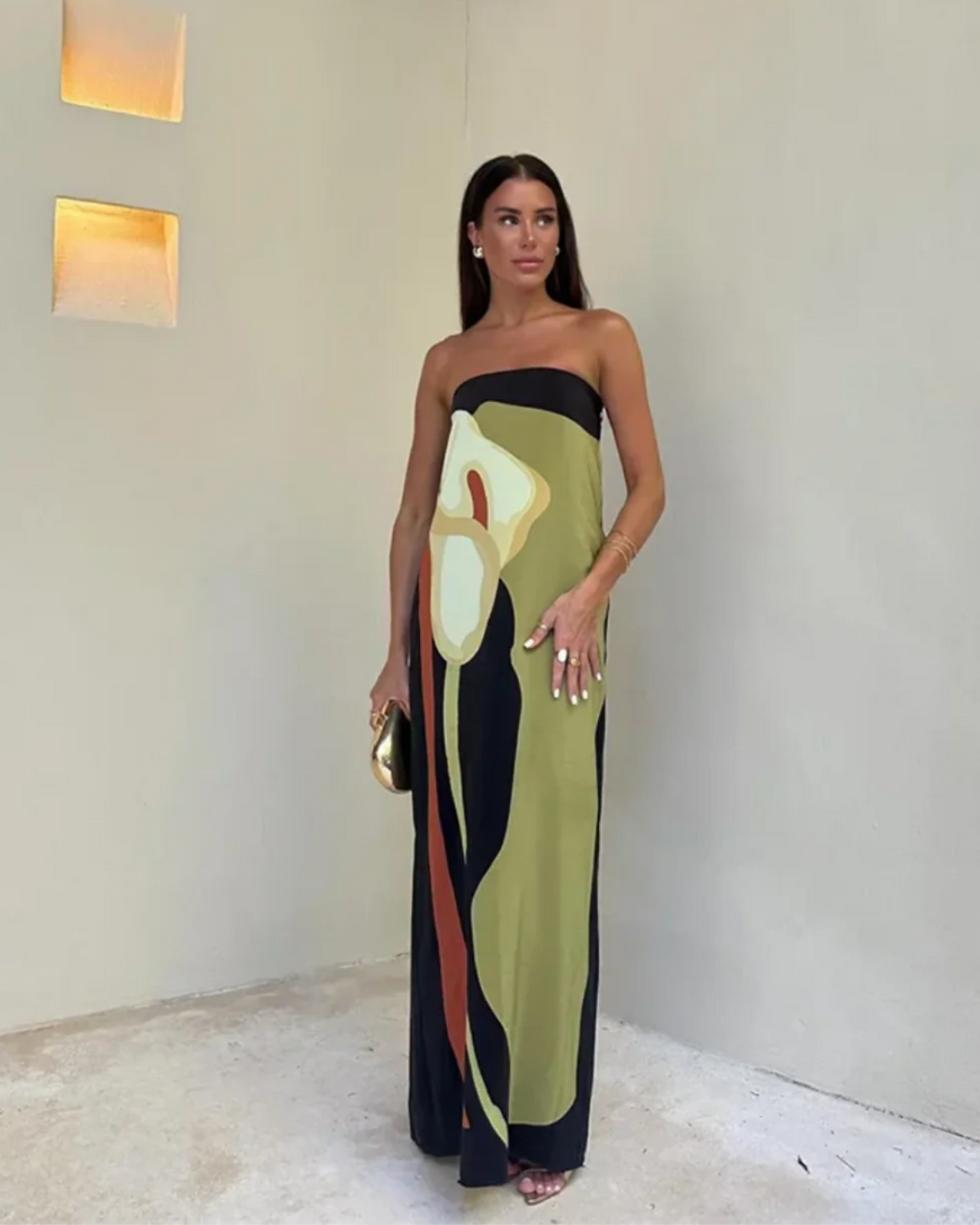 Graphic Floral Strapless Column Maxi Dress - Formal Evening Gown