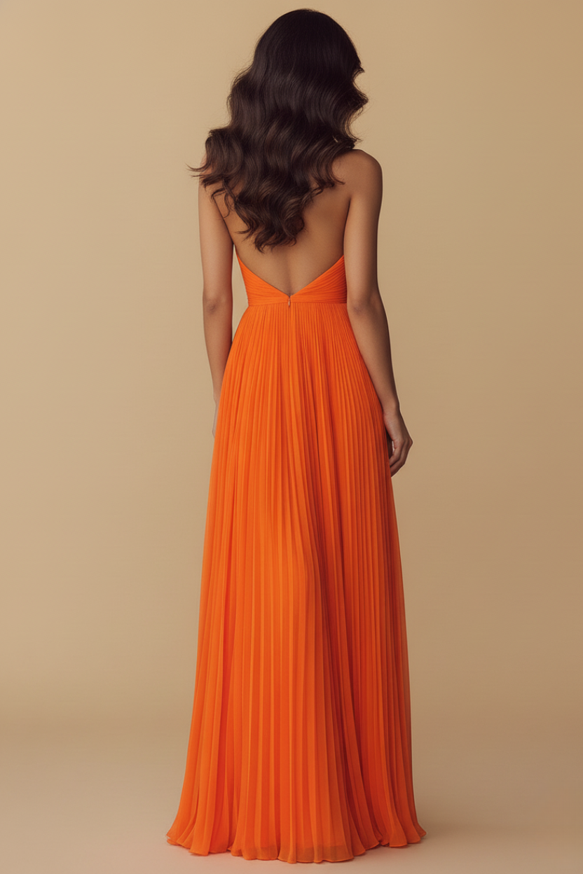 Pleated Halter Deep V-Neck Maxi Dress - Wedding Guest