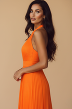 Pleated Halter Deep V-Neck Maxi Dress - Wedding Guest