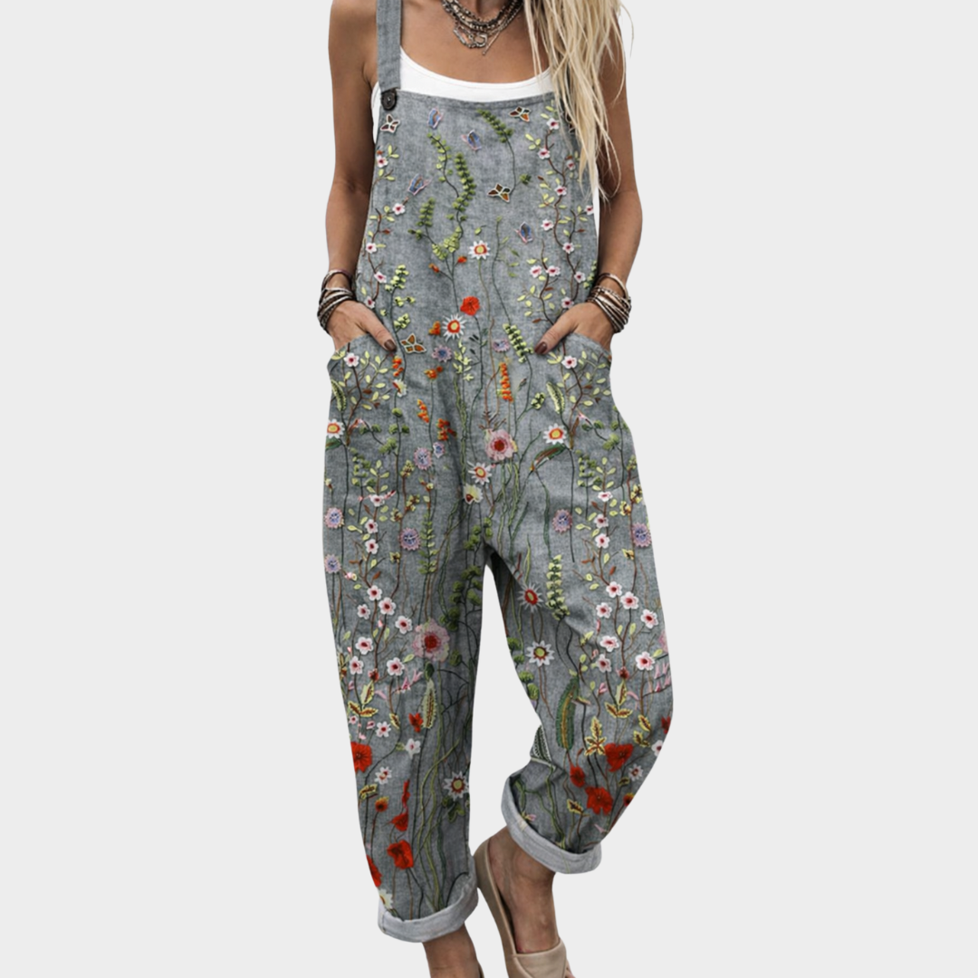 Wildflower Meadow Print Relaxed Dungaree Linen Jumpsuit
