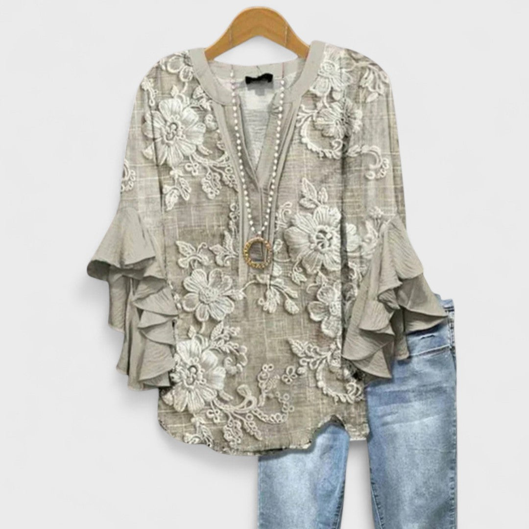 Floral Print Tiered Ruffle Sleeve Notch Neck Casual Blouse