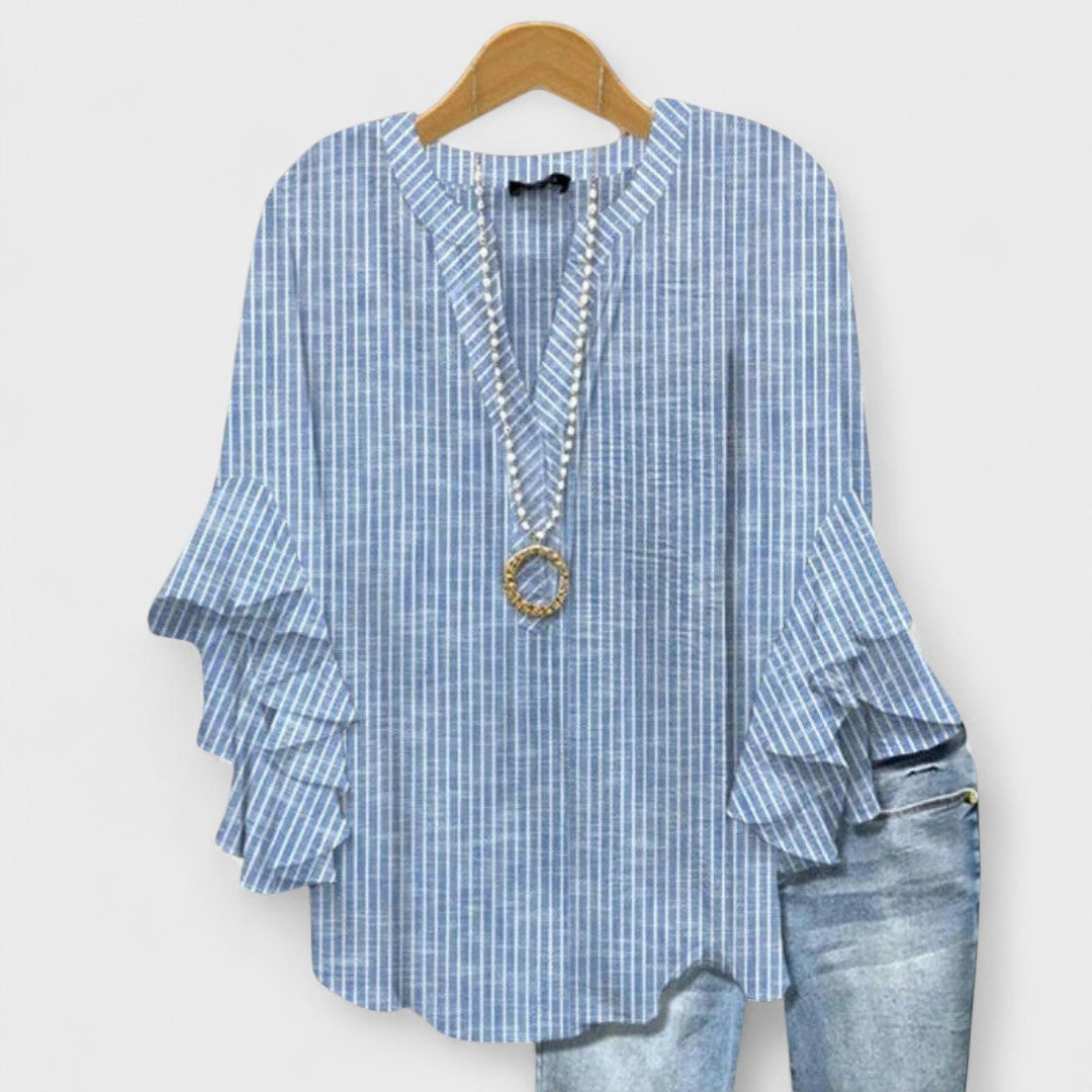 Floral Print Tiered Ruffle Sleeve Notch Neck Casual Blouse