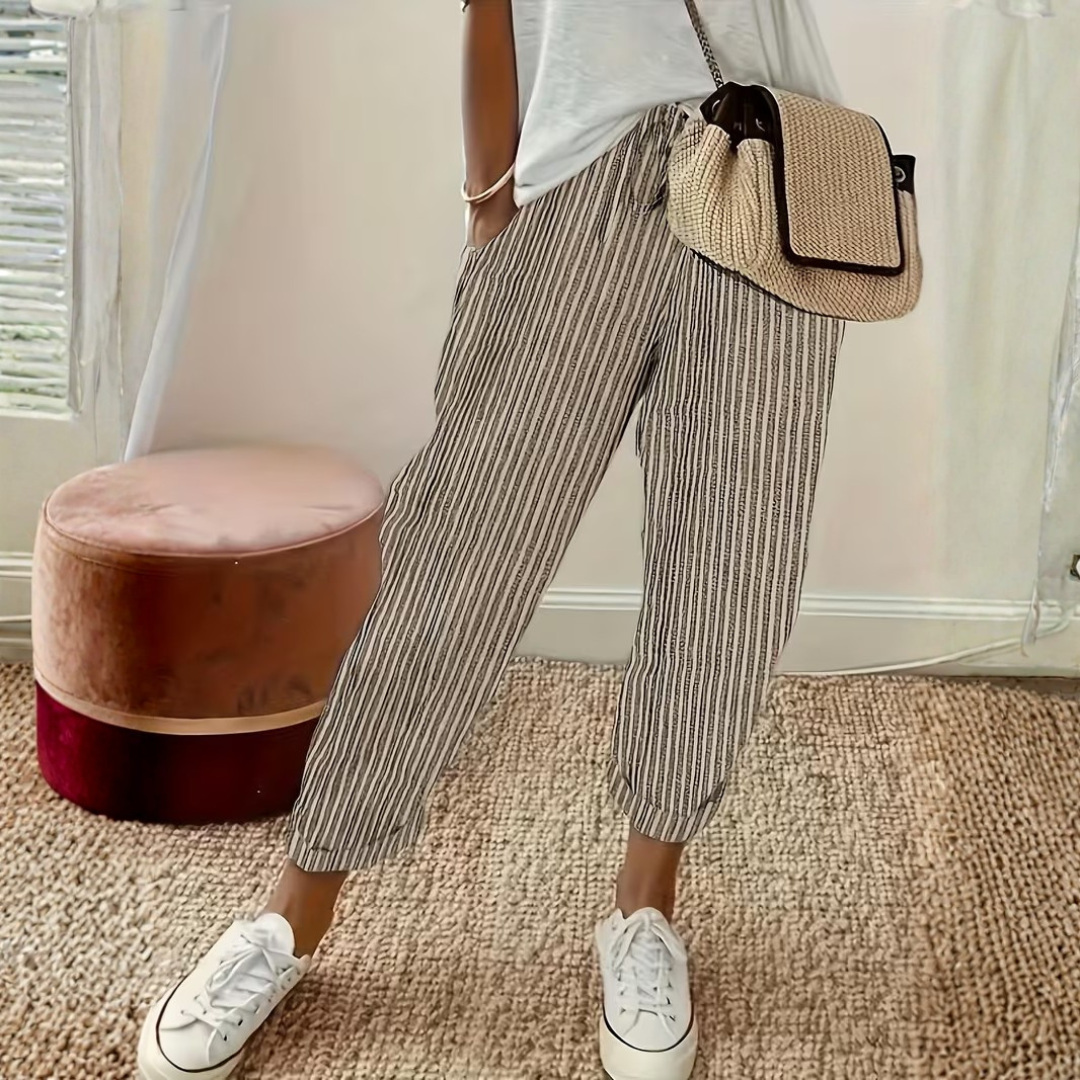 Striped Roll Cuff Elasticated Waist Casual Linen Pant