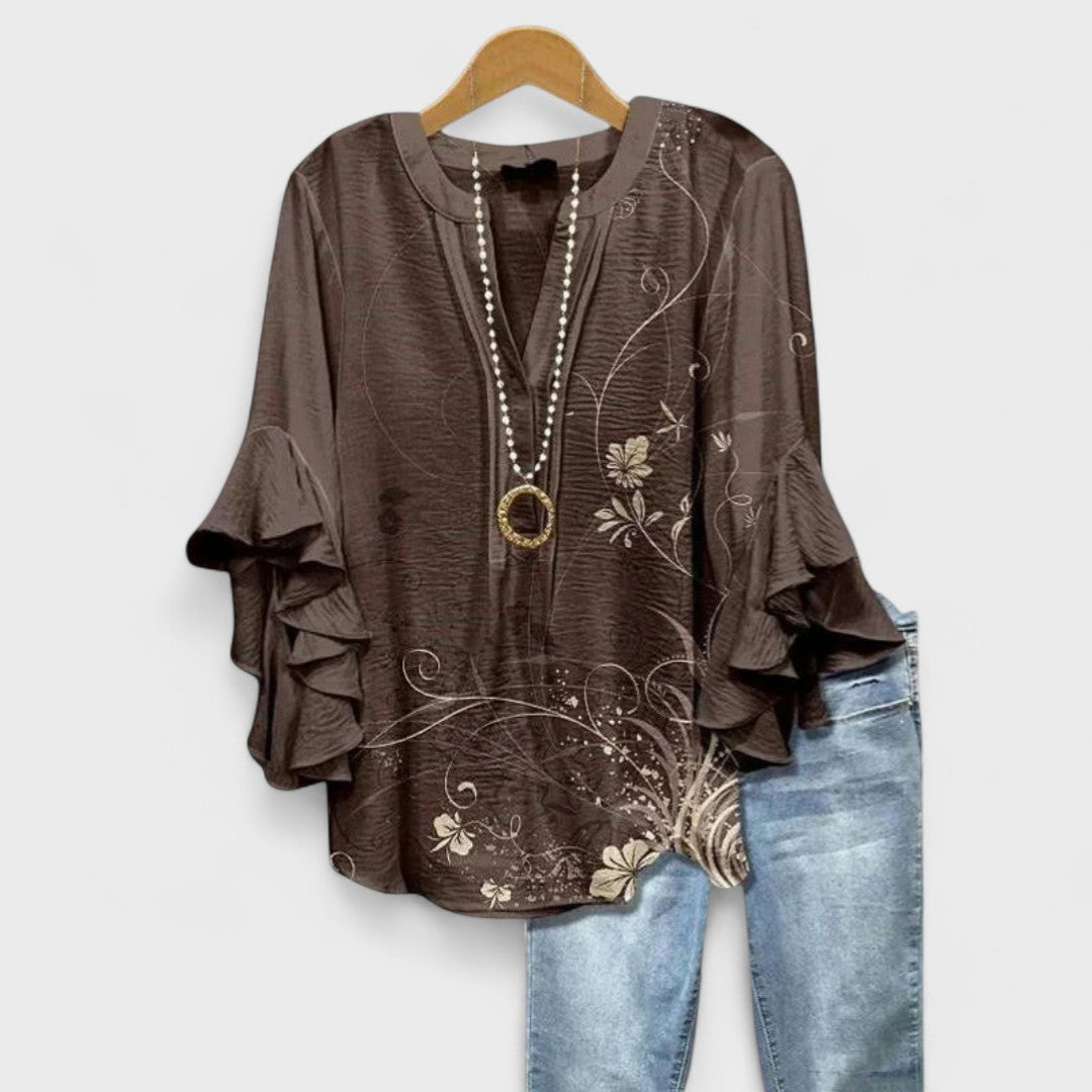Floral Print Tiered Ruffle Sleeve Notch Neck Casual Blouse