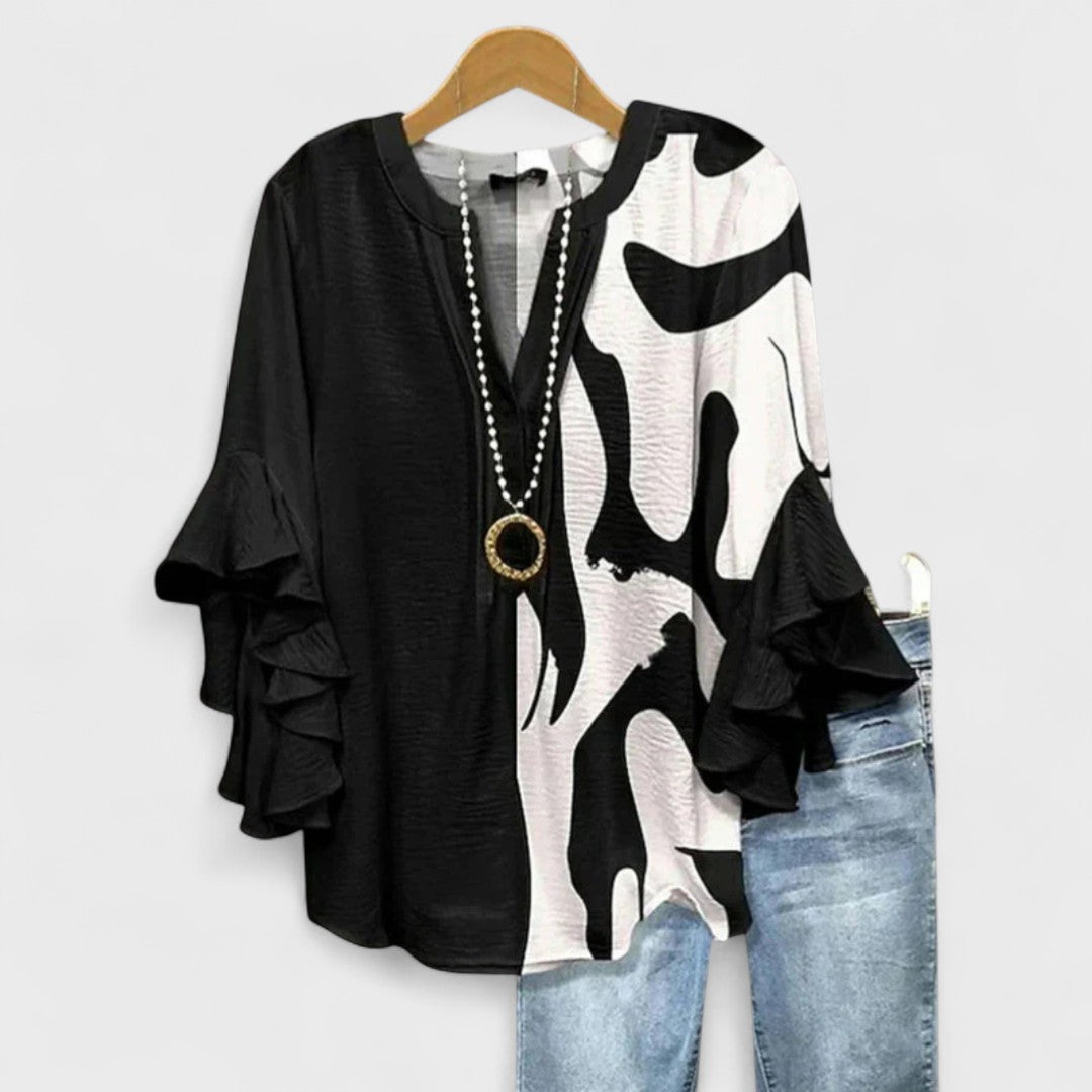 Floral Print Tiered Ruffle Sleeve Notch Neck Casual Blouse