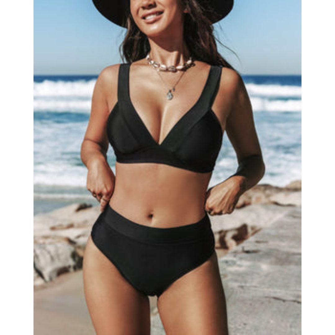 Wrap V Neck High Waist Plain Bikini Set