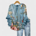 Floral Print Tiered Ruffle Sleeve Notch Neck Casual Blouse