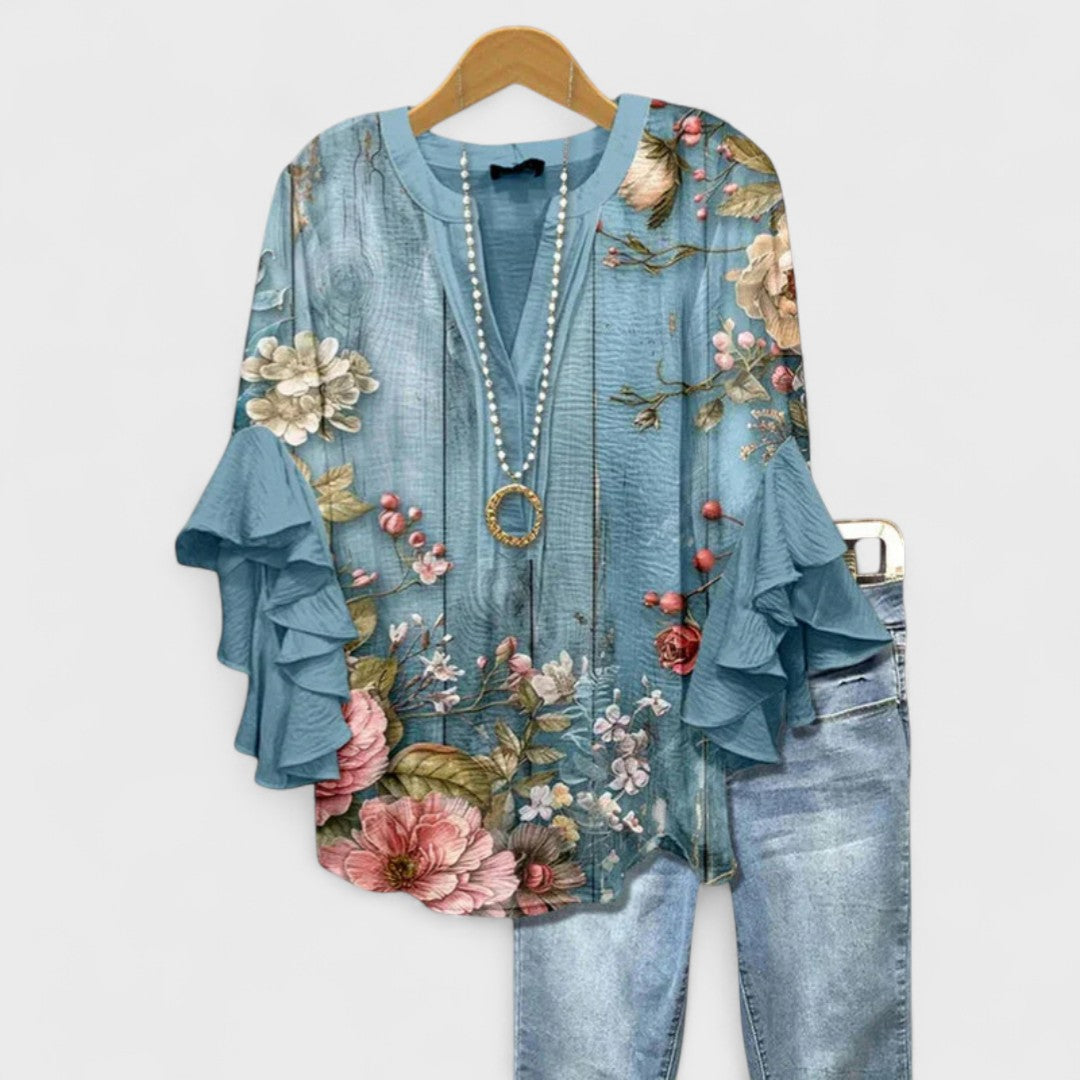Floral Print Tiered Ruffle Sleeve Notch Neck Casual Blouse
